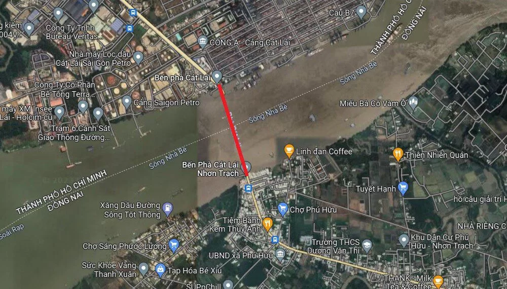 Khu vực dự kiến xây dựng cầu Cát Lái thể hiện trên bản đồ Google vệ tinh.