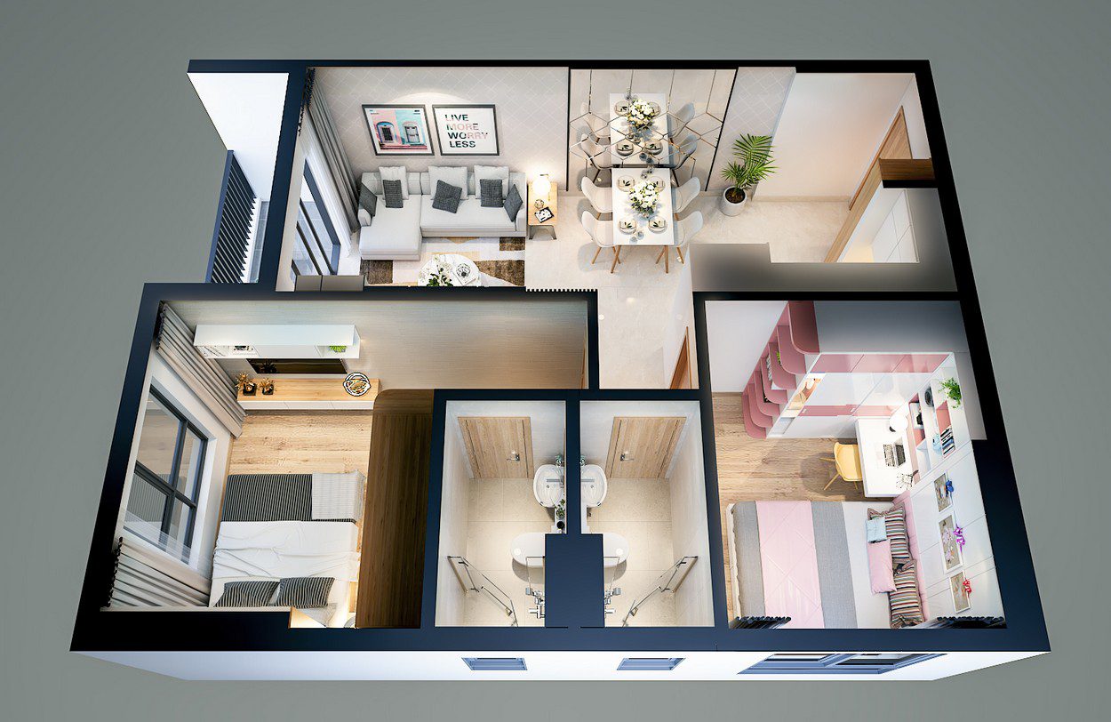 Thiết kế căn hộ góc 51.03 m2 – mã căn A1 dự án Bcons Plaza Bình Dương