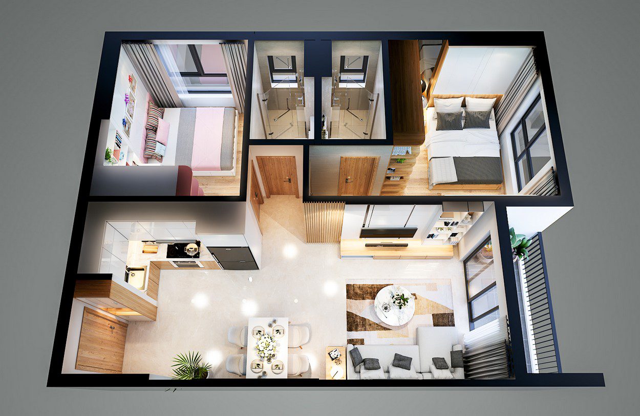 Thiết kế căn hộ góc 55,97 m2 – mã căn E căn hộ Bcons Plaza Bình Dương