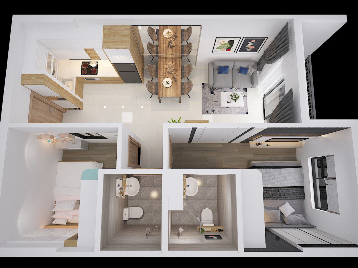 Thiết kế căn hộ góc 53,36 m2 – mã căn D2 dự án Bcons Plaza Bình Dương